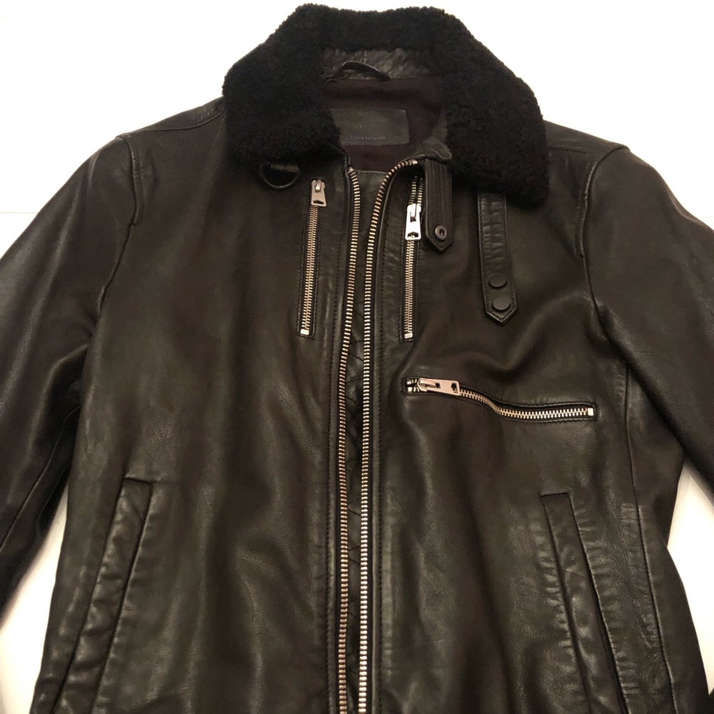 All Saints Black Leather Jacket with shearling collar